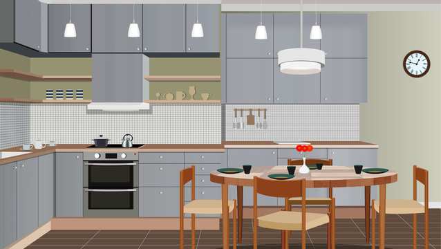 Kitchen interior background with furniture. Design of modern kitchen. Kitchen illustration