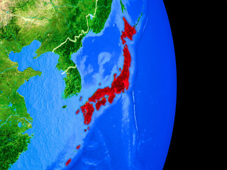 Japan on realistic model of planet Earth with country borders and very detailed planet surface.