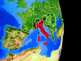 Italy on realistic model of planet Earth with country borders and very detailed planet surface.