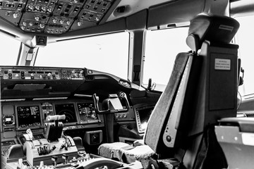 Inside of a cockpit, aircraft interior, cockpit view, pilot place, cockpit windows