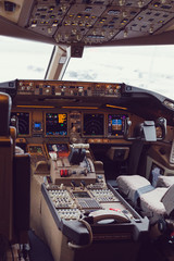 IstInside of a cockpit. View of an aircraft cockpit. Interior of a cockpit. Pilot place in an airplane. 