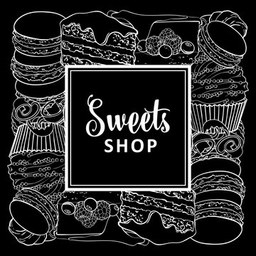Sweets shop square banner with baked desserts in line sketch style - vector illustration of white outline hand drawn pies, cupcakes and macarons with chocolate shavings isolated on black background.