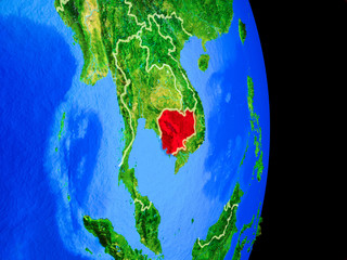 Cambodia on realistic model of planet Earth with country borders and very detailed planet surface.