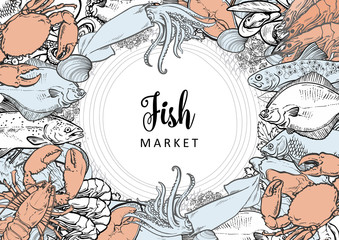 Vector fish market monochrome pattern, seafood restaurant, cafe logo, advertising poster with underwater animal. Marine composition with squid, lobster, crayfish, tuna, trout flatfish with condiments