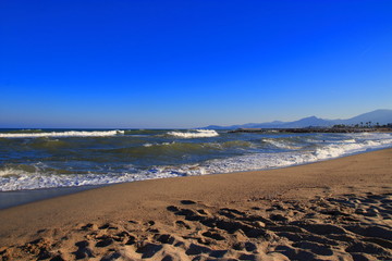 Mediterranean beach and waves in Pyrenees orientales, Roussillon region of France