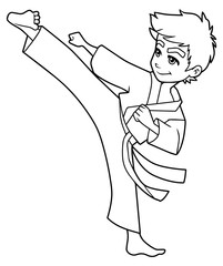 Full length line art illustration of skilled boy exercising balance and flexibility during karate stance against white background for copy space.