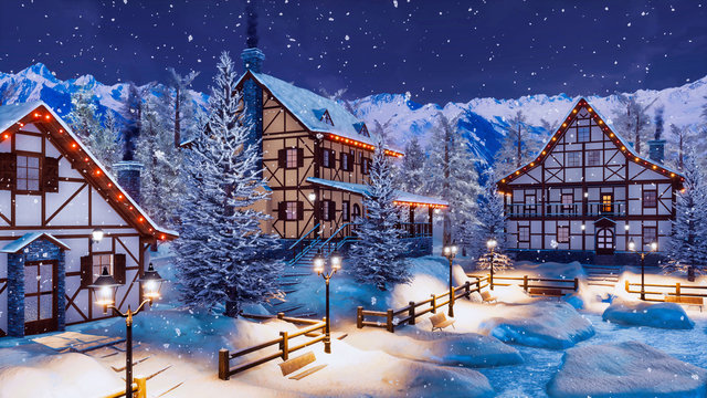 Cozy Snow Covered Alpine Mountain Town With Traditional Half-timbered Rural Houses And Christmas Lights At Winter Night During Snowfall. With No People 3D Illustration.