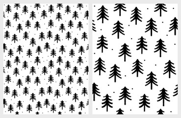 Cute Infantile Style Black Christmas Trees Vector Patterns. Black Winter Woods Isolated on a White Background. Abstract Winter Forest Vector Print.