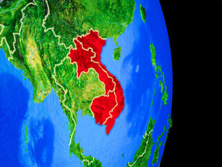 Indochina on realistic model of planet Earth with country borders and very detailed planet surface.