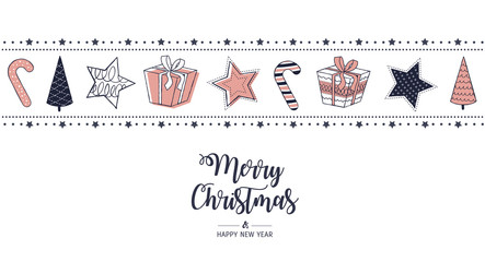Modern greeting card Merry Christmas white background. Vector illustration with Christmas stars, gifts and Candy Cane. In the colors rose gold, white and navy blue.