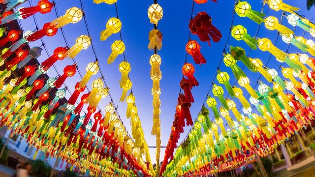 Colorful Day to Night Many Lanterns Decorations in Loi Krathong Festival Of Thailand 4K Time Lapse