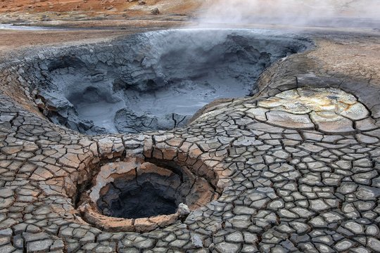 Fumaroles, Solfatars, solfatara field at the volcano Namafjall, mud pot, high temperature area Namaskaro or Namskard, Namafjall, North Iceland, Iceland, Europe - Powered by Adobe