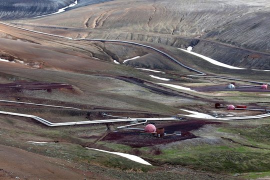 Pipelines of the geothermal power plant Krafla in volcanic landscape, Krafla, Northern Iceland, Iceland, Europe