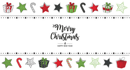 
Modern greeting card Merry Christmas white background. Vector illustration with Christmas stars, gifts and Candy Cane. In the colors green and red. 