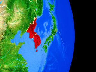Korea on realistic model of planet Earth with country borders and very detailed planet surface.