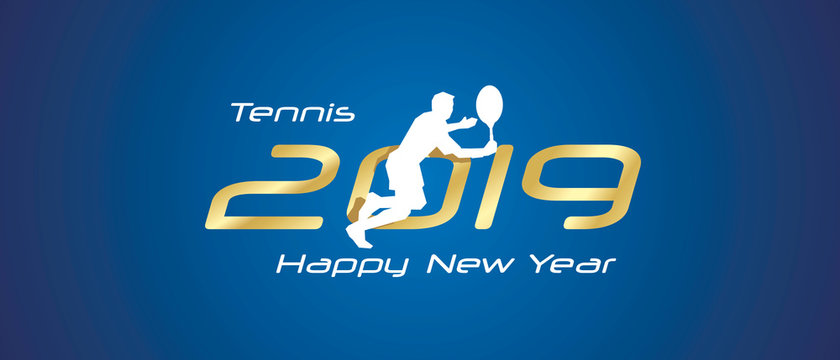Tennis silhouette 2019 Happy New Year gold white logo icon blue background