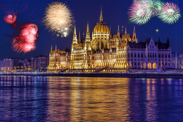 Parliament in Budapest with firework, celebration of the New Year, Hungary
