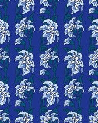 Woodblock printed seamless ethnic floral pattern. Traditional oriental ornament of India, vertical garland motif with peony flowers, blue shades. Textile design. - 236366296