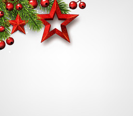 White Christmas and New Year background with fir branches, holly berries and red stars.