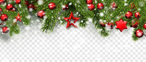 Christmas and New Year banner with fir branches, holly berries and red stars.