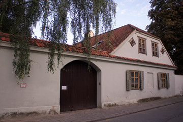 Old historical buildings view of narrow streets of Kaunas, Lithuania