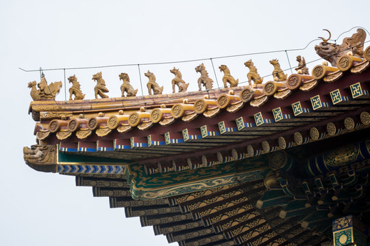 Imperial roof decorations (roof charms) on the Hall of Supreme Harmony in the Forbidden City, Beijing, China