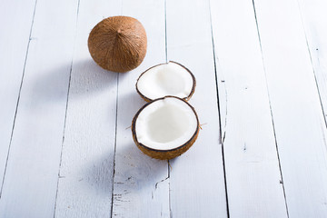 coconuts on white wood table background