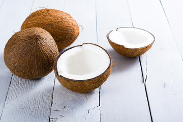 coconuts on white wood table background