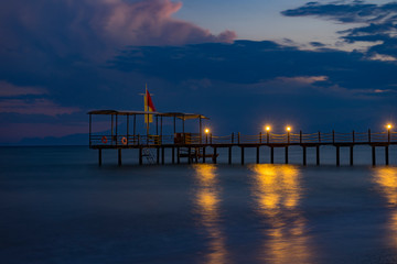 Blue Night View to Pier in Belek Beach to Mediterranean Sea