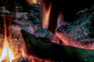 burning oak wood home fireplace