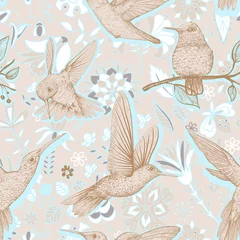 Foto auf Leinwand Vector sketch pattern with Hummingbirds and flowers. Colorful design for web, wrapping paper, phone cover, textile, fabric © sunny_lion