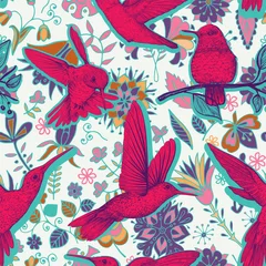 Foto op Plexiglas Vector sketch pattern with Hummingbirds and flowers. Colorful design for web, wrapping paper, phone cover, textile, fabric © sunny_lion