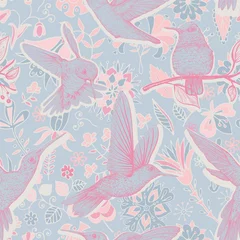 Foto auf Leinwand Vector sketch pattern with Hummingbirds and flowers. Colorful design for web, wrapping paper, phone cover, textile, fabric © sunny_lion