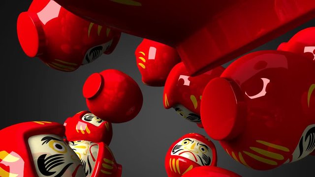 Red daruma dolls on black background.3DCG render animation.