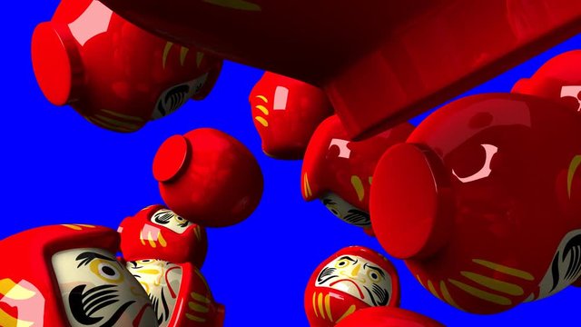 Red daruma dolls on blue chroma key.3DCG render animation.