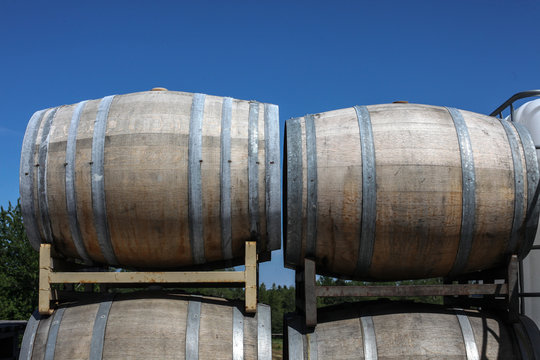 Stacked wine barrel with blue skyu