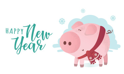 Happy New Year banner. Cute pig in winter scarf