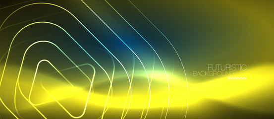Neon glowing techno lines, hi-tech futuristic abstract background template with geometric shapes