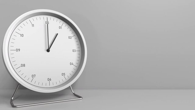 Clock measures one hour from 12:00 till 13:00. 3D animation