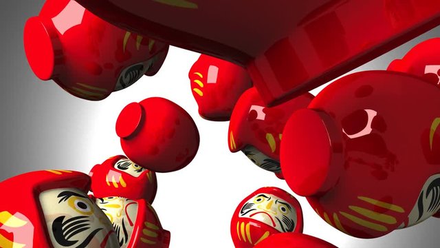 Red daruma dolls on white background.3DCG render animation.
