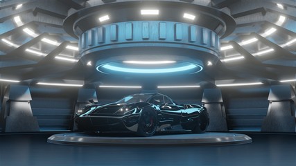 Future car showroom. 3d rendering