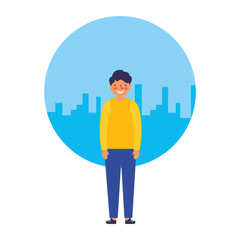 young boy standing with city background