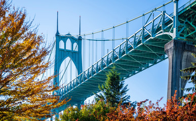 Gothic drawstring St Johns bridge in Portland surrounded by autumn trees