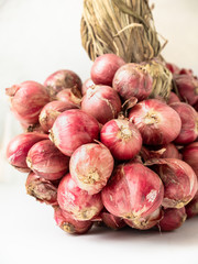 Shallots after harvest are placed on a white background