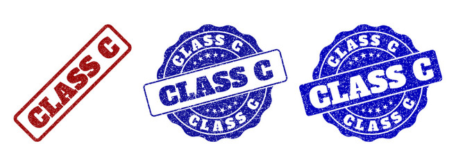 Obraz premium CLASS C grunge stamp seals in red and blue colors. Vector CLASS C signs with grunge effect. Graphic elements are rounded rectangles, rosettes, circles and text titles.