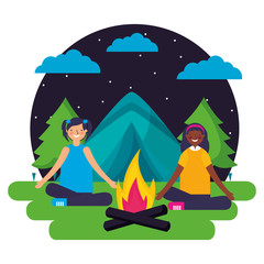 girls tent forest night landscape camping