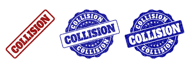 COLLISION grunge stamp seals in red and blue colors. Vector COLLISION overlays with grunge effect. Graphic elements are rounded rectangles, rosettes, circles and text tags.