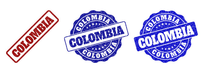 COLOMBIA grunge stamp seals in red and blue colors. Vector COLOMBIA signs with grunge style. Graphic elements are rounded rectangles, rosettes, circles and text titles.