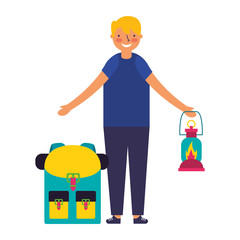 happy boy with lantern and backpack camping