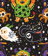 Happy halloween seamless background with cartoon animals. Vector illustration